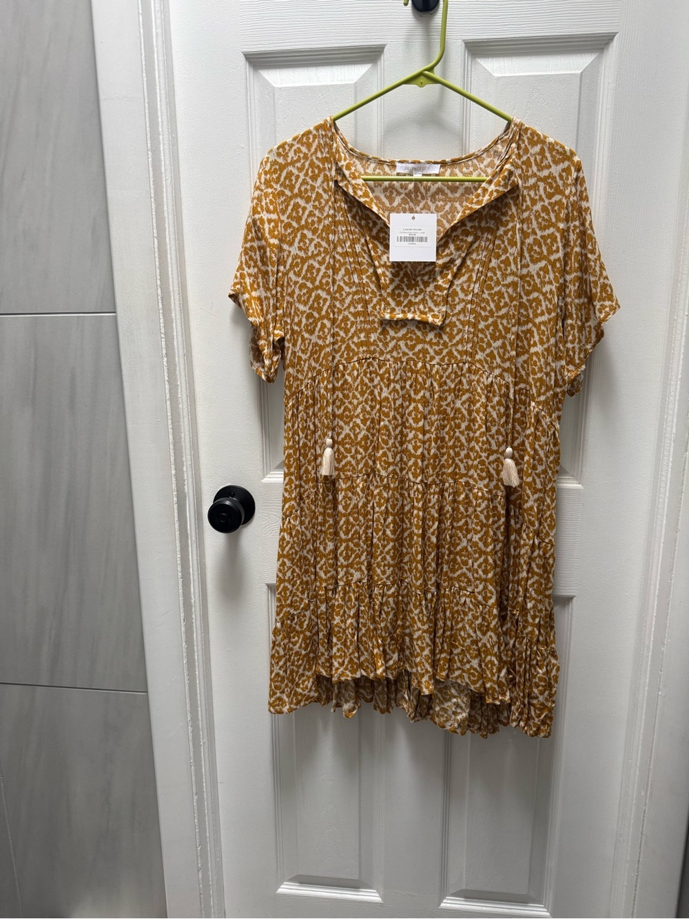 Olivaceous Mustard Printed Short Sleeve Peasant Tunic Dress